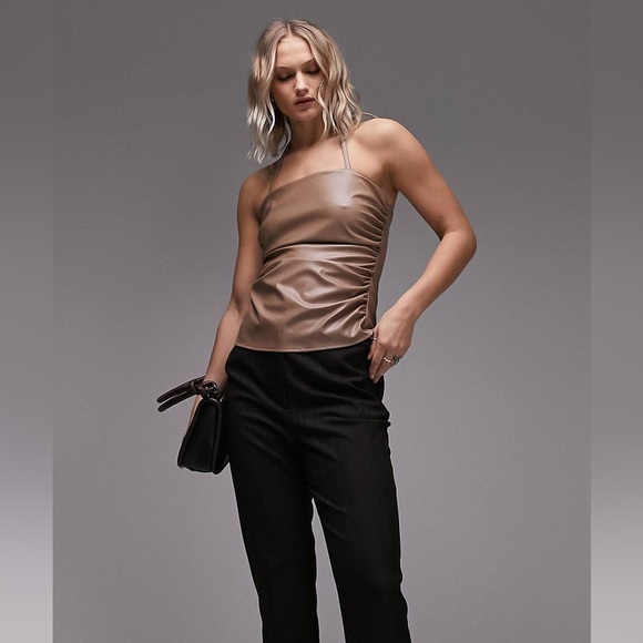 Topshop halter ruched leather look top in camel - Picture 10 of 10